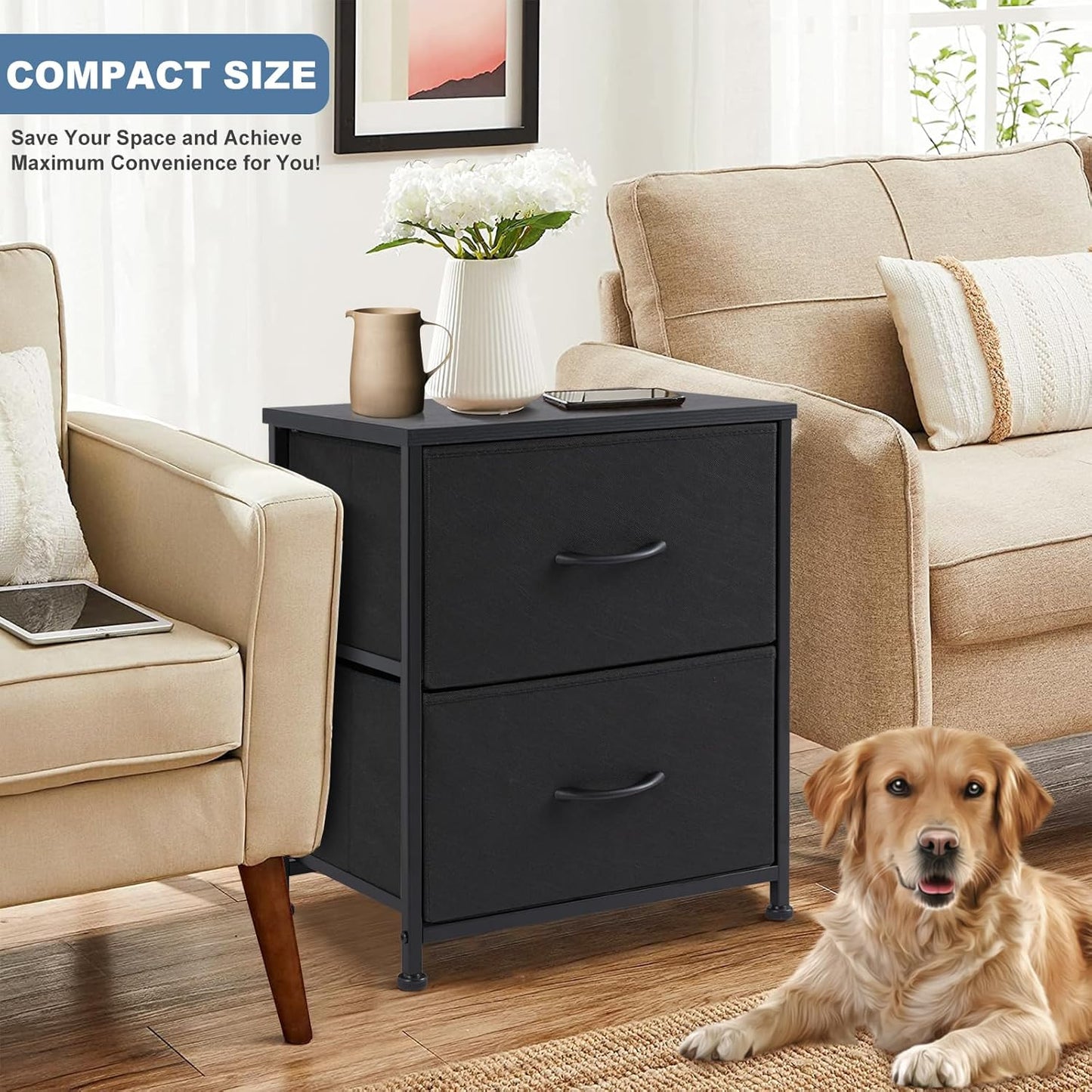 Nightstand Small Dresser with 2 Fabric Drawers Side Tables Bedroom End Table Bedside Storage Furniture for 20 Inch Tall Night Stand for Entryway, College Dorm, Classic Black