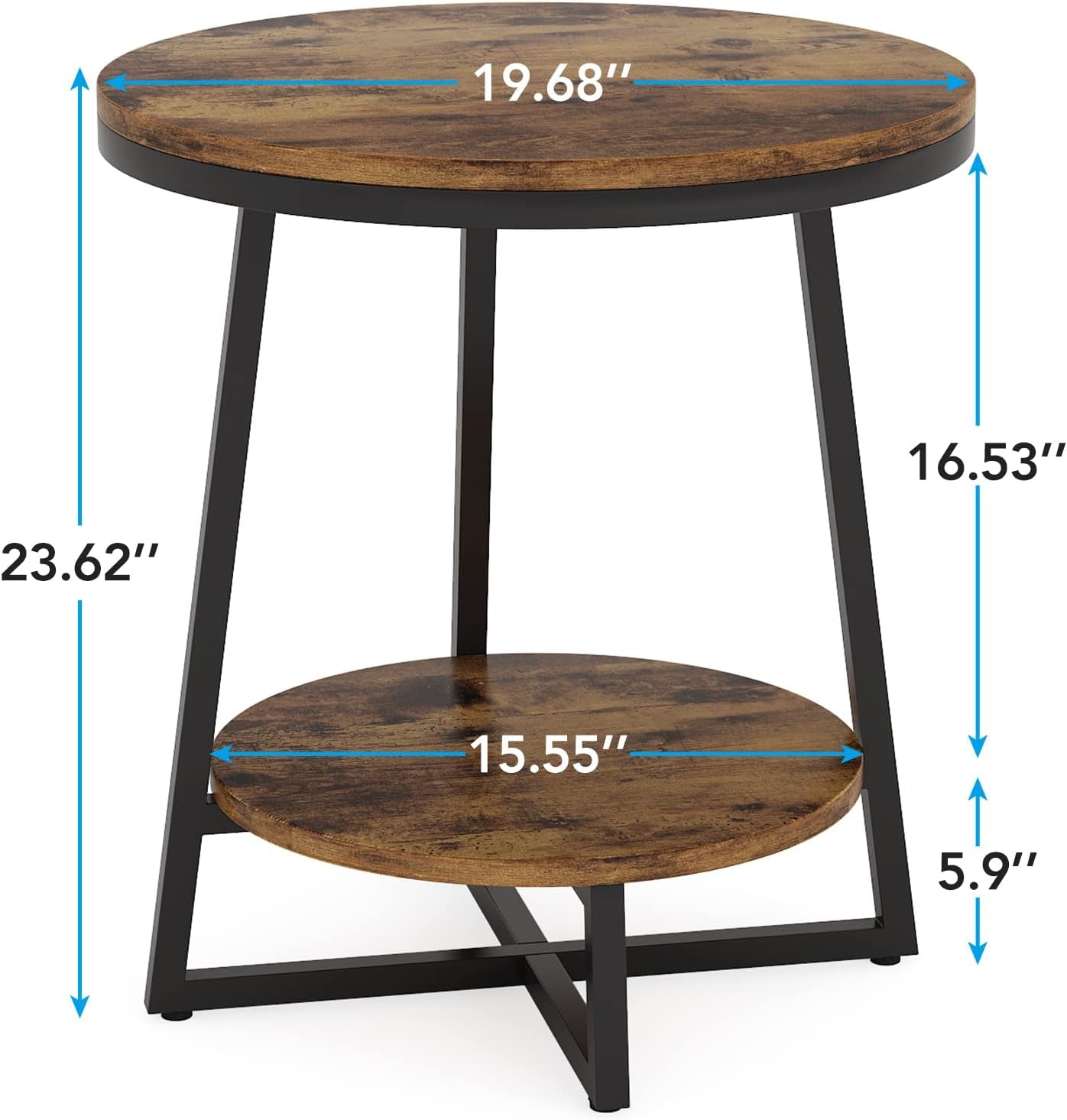 End Table, 2 Tier round Side Table with Storage Shelf, Industrial Nightstand Bedside Table Coffee Accent Table for Living Room Bedroom Small Space, Rustic Brown