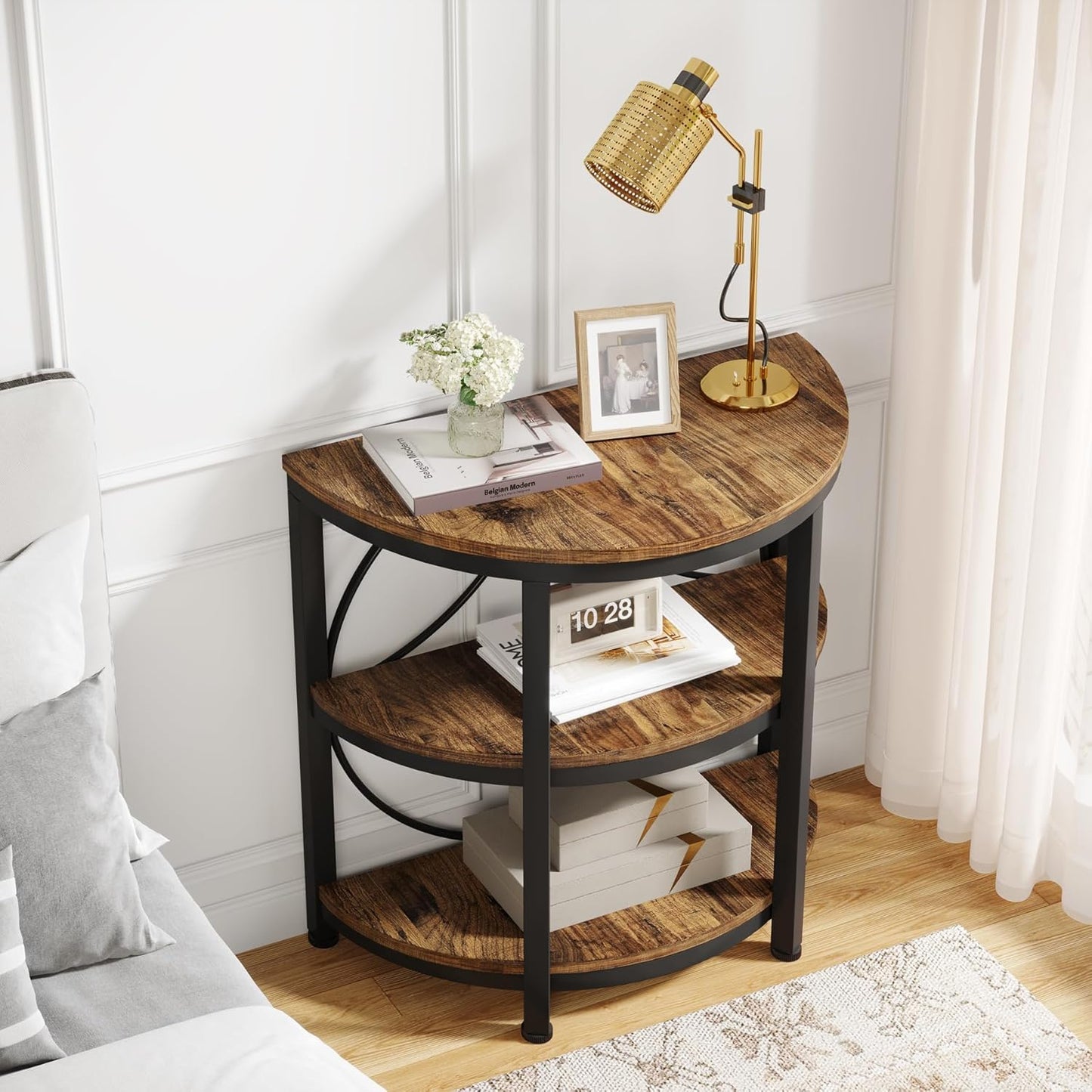 Half round End Table for Living Room, 3-Tier Half Side Table with Metal Frame, Industrial Half Moon Table with Storage Shelves, Half Circle Accent Table for Entryway, Bedroom, Rustic Brown