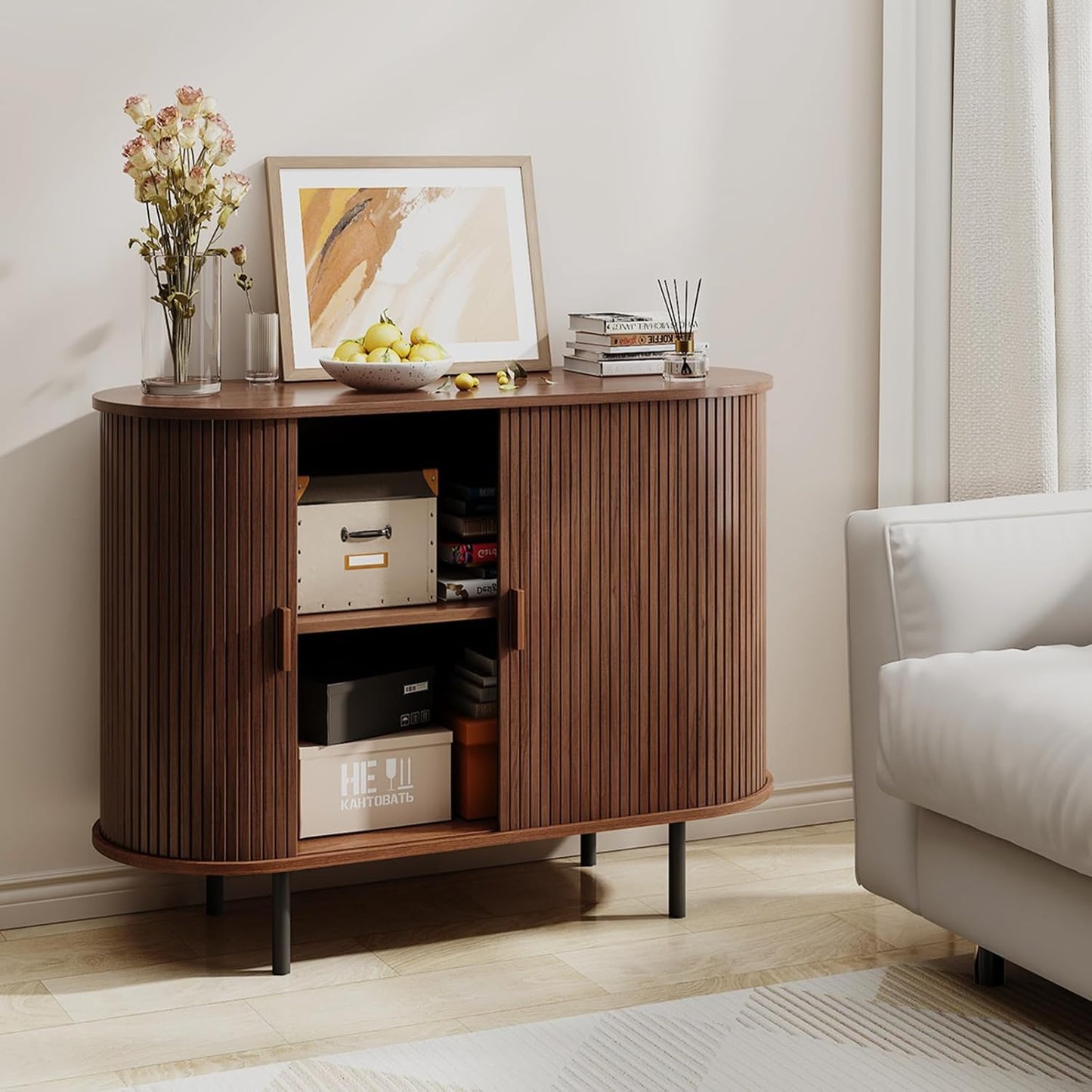 Walnut fluted buffet cabinet with sliding door and adjustable shelf, view 8