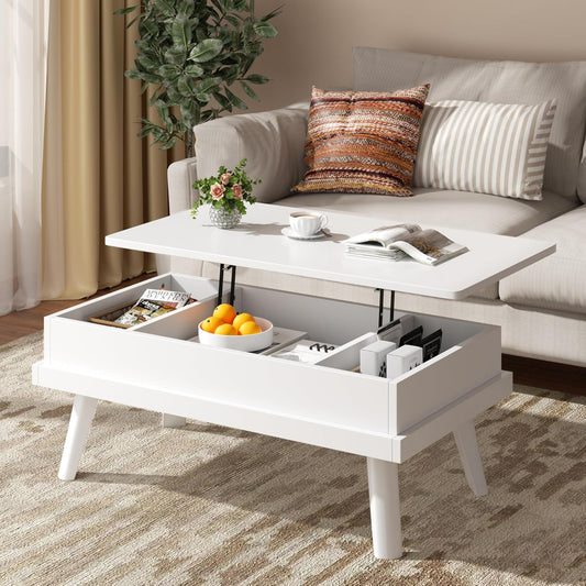 Coffee Table, Lift Top Coffee Table with Hidden Compartment, Rising Tabletop Dining Table, Lift Top Coffee Center Table for for Living Room, Office, Home (White)