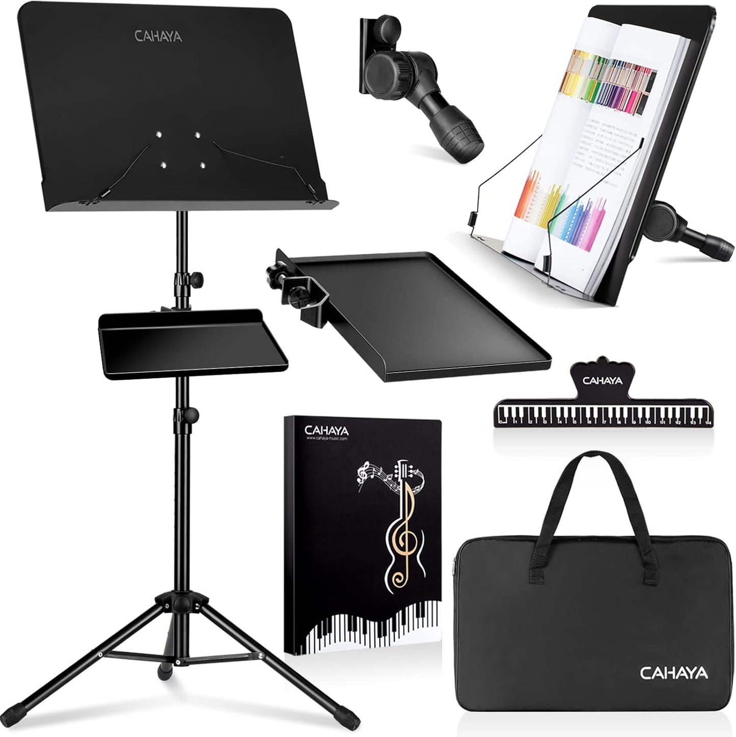 Dual Use Sheet Music Stand with Clamp-On Tray & Desktop Book Stand with Carrying Bag, Sheet Music Folder, Music Stand with Shelf, and Clip for Guitar, Ukulele, Violin Players CY0194+CY0320