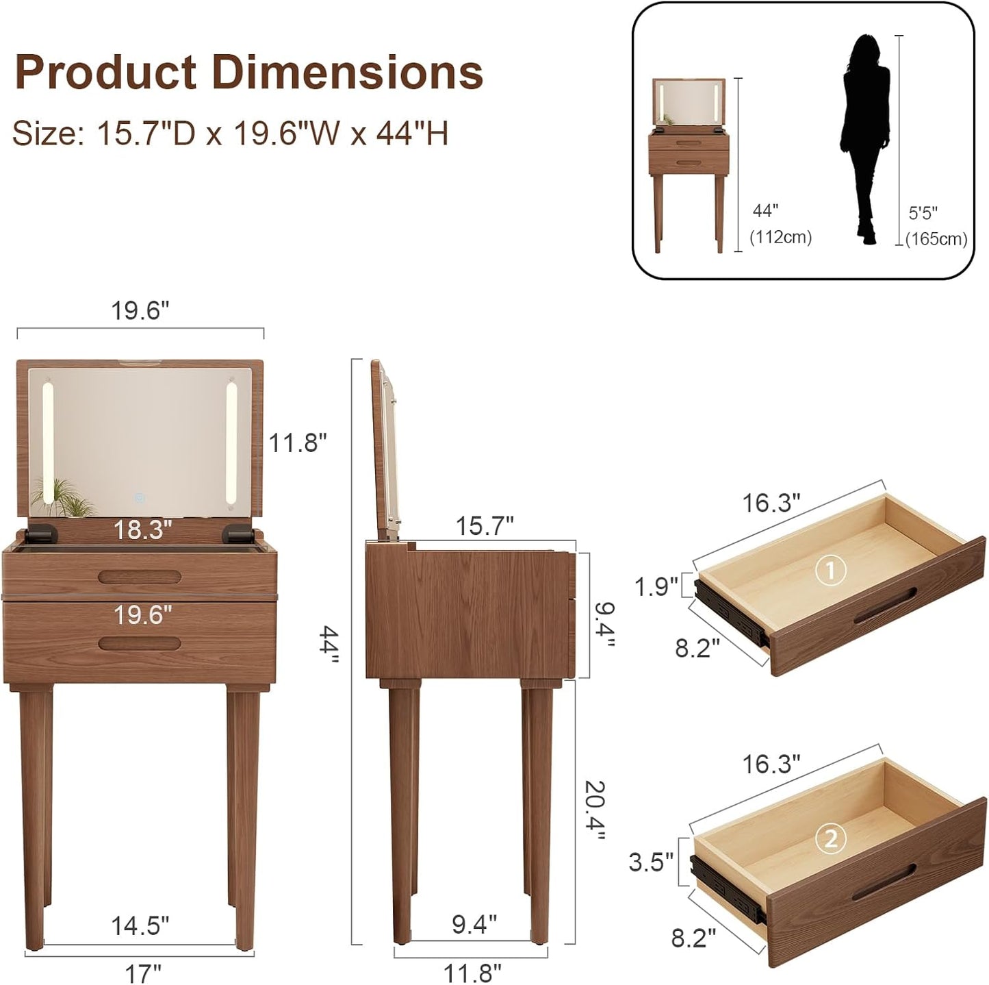 Solid Wood Small Vanity Desk with Flip Top Mirror, Brightness Adjustable Lights, Compact Vanity with Glass Top and Drawers, Slim Dressing Table for Small Space, Bedroom, Living Room, Walnut