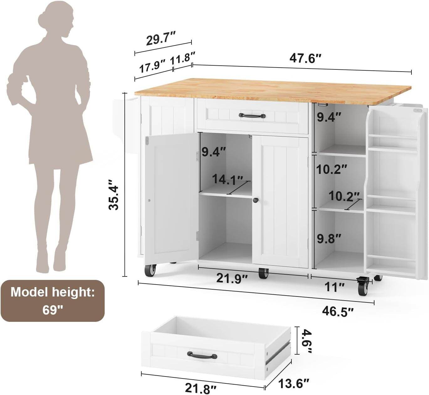 Kitchen Island with Storage, 47.6" Rolling Kitchen Island on Wheels with Drop Leaf, Door Cabinet, Drawer, Spice Rack, Towel Rack and Knife Holder, Kitchen Cart Island Table for Kitchen, White