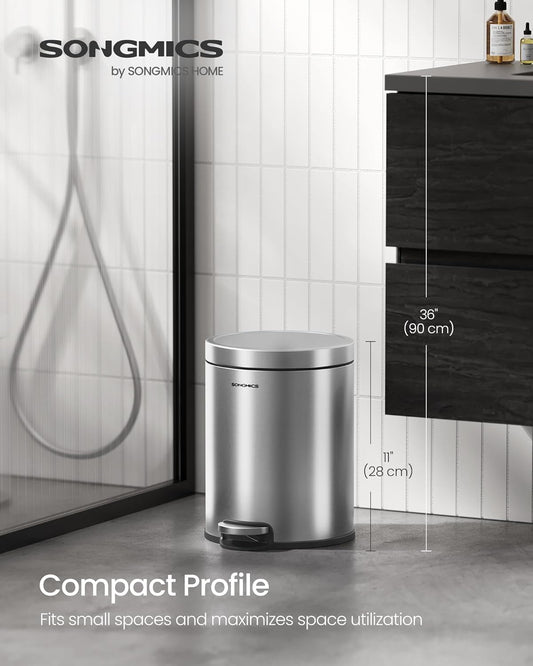 Bathroom Trash Can, 1.6 Gallon (6 L) Small Toilet Garbage Bin with Lid, Soft-Close, Stainless Steel, Pedal, Inner Bucket, Bedroom, Metallic Silver ULTB016EZ01