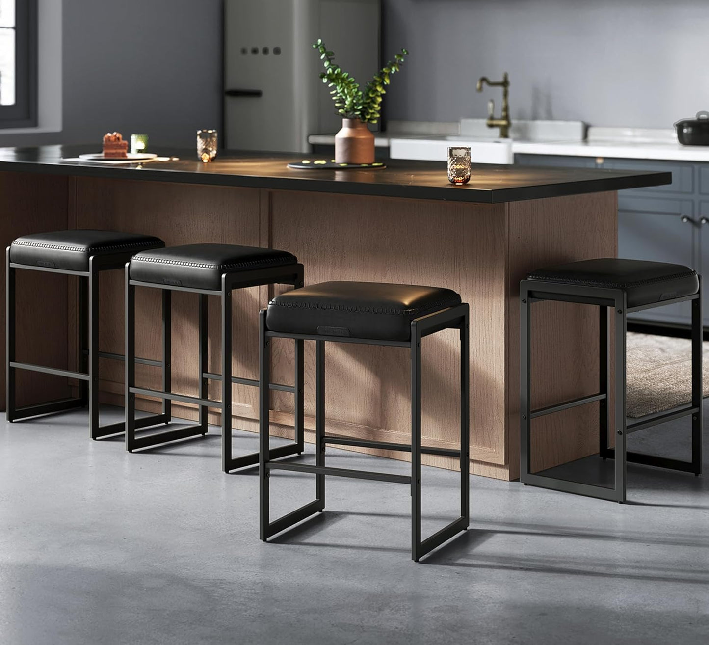 EKHO Collection - Bar Stools Set of 4, Counter Height Bar Stools, Synthetic Leather with Stitching, Mid-Century Modern Counter Stools, 26-Inch Tall, Kichen Home Bar Dining Room, Ink Black