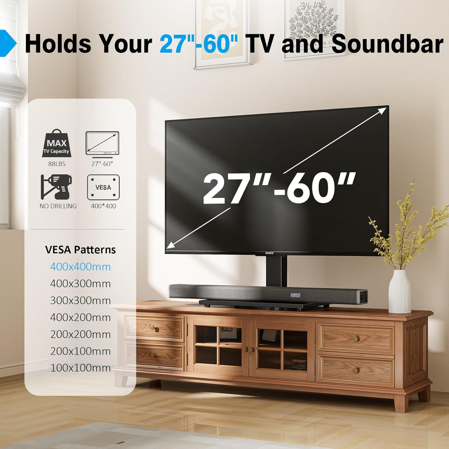 Universal TV Stand - Table Top TV Stand for 27-60 Inch LCD LED Tvs - 9 Level Height Adjustable TV Base Stand with Tempered Glass Base & Wire Management, VESA 400X400Mm