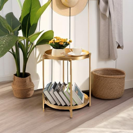 2 Tier Gold Side Table, Folding round Metal End Table Small Nightstand with Two Removable Tray for Bedroom Living Room Small Spaces Bedside Gold