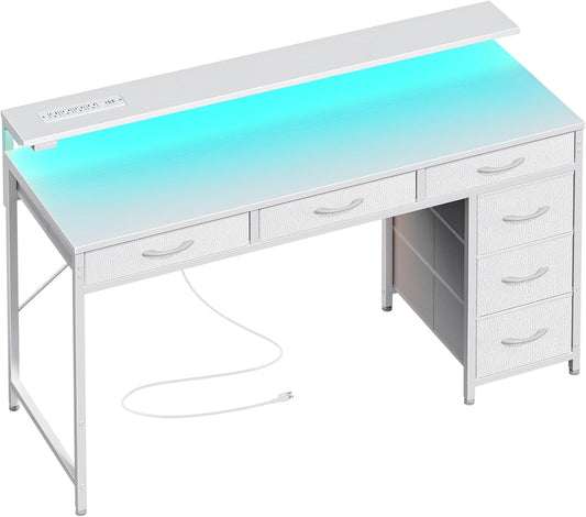 Gaming Desk with 6 Drawers, Computer Desk with LED Lights Power Outlets and Type-C, 47 Inch Office Table with Storage, Monitor Stand, Writing & Work Home Office, Bedroom, Study, White