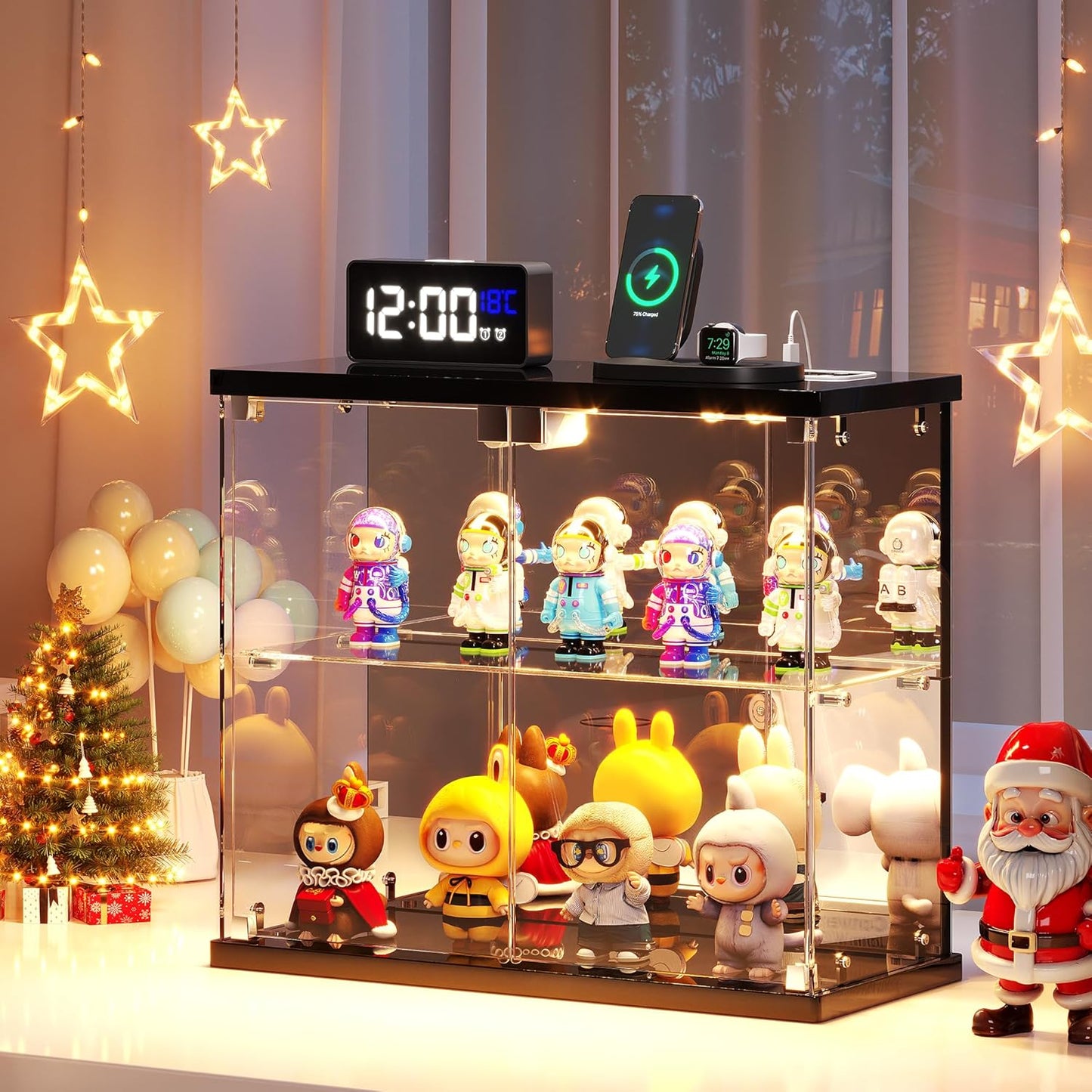 Lighted Clear Glass Display Case - for Figures & Collectibles, Small 2-Tier Display Cabinet with Charging Station, LED Display Box with Lights & Human Sensor, for Model Car, Perfume, Black