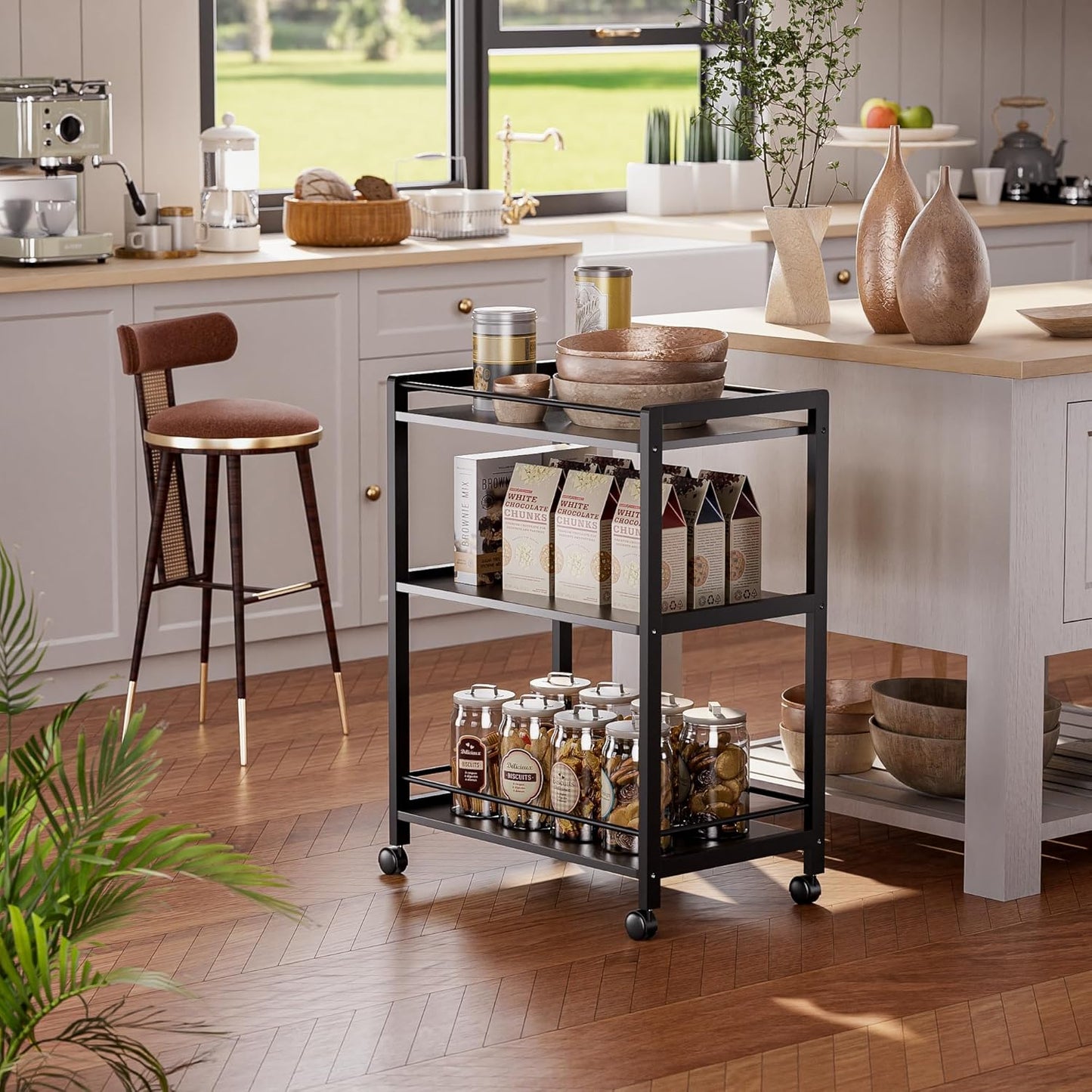 Bar Cart Black, Serving Cart for Home, 3 Tier Drinks Cart with Wheels, Rolling Beverage Cart for Kitchen Dining Living Room