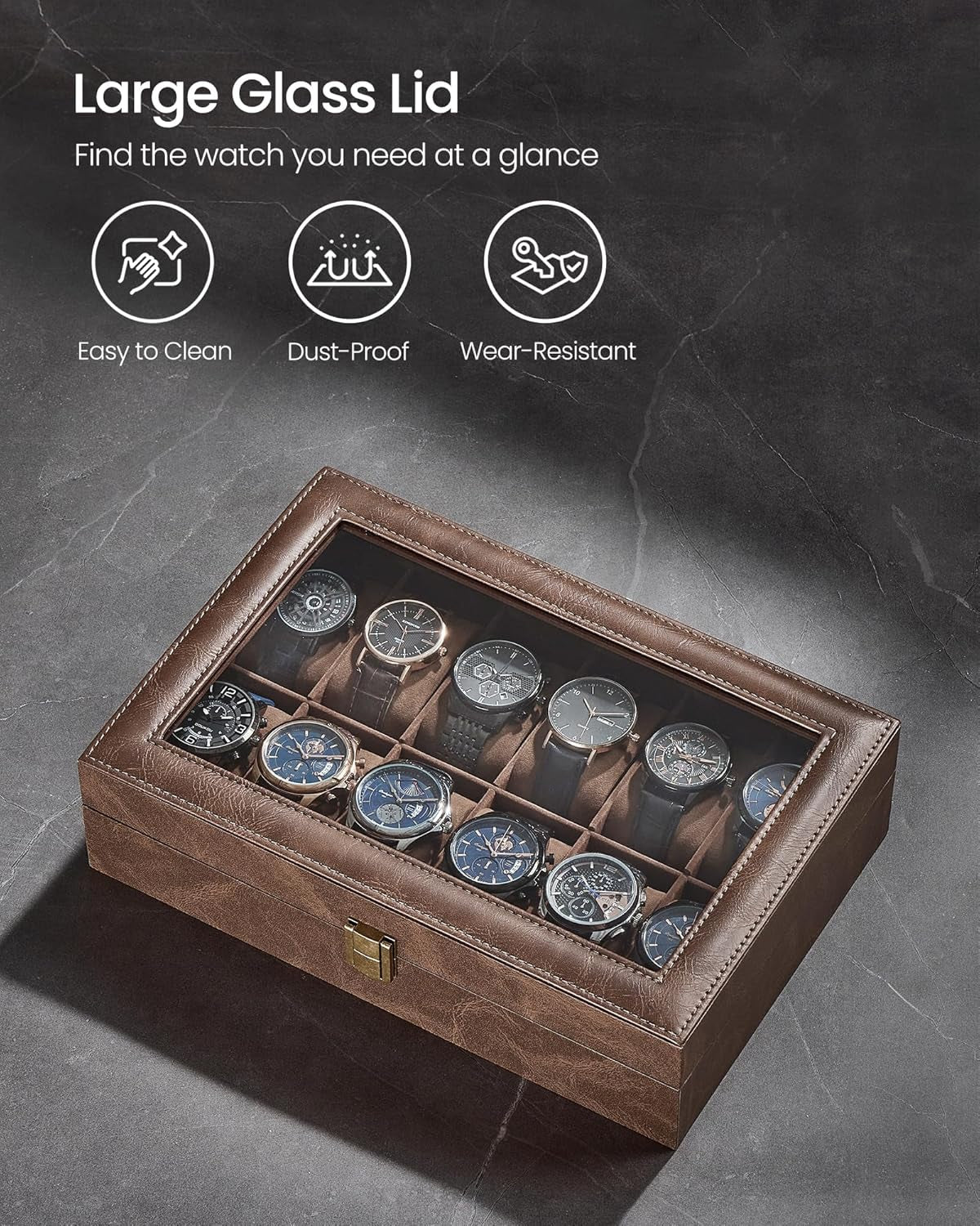 Coffee brown leather twelve-slot watch box with glass lid, view 6