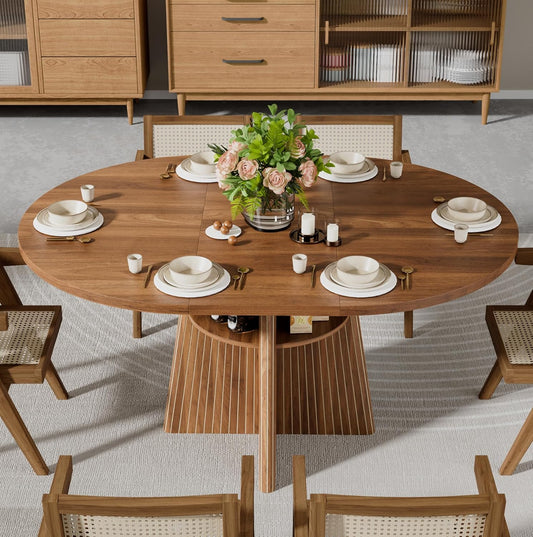 43.3In-59In Extendable Dining Room Table for 4-8, round Expandable Kitchen Table with Fluted Base, Modern Oval Dinner Tables with 4 Storage Shelves for Kitchen Living Room (Black, 43.3In)