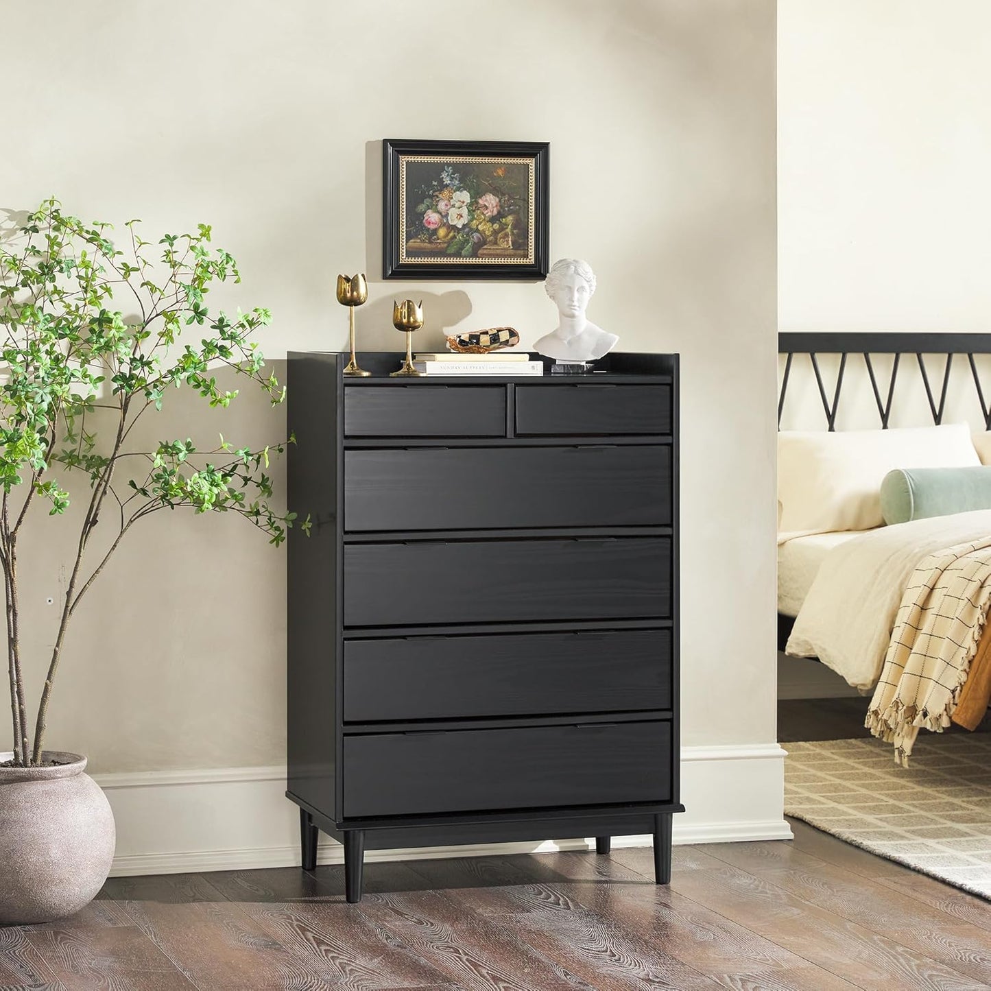 Blythe Mid-Century Modern Tray-Top Solid Wood 6-Drawer Dresser, 30 Inch, Black