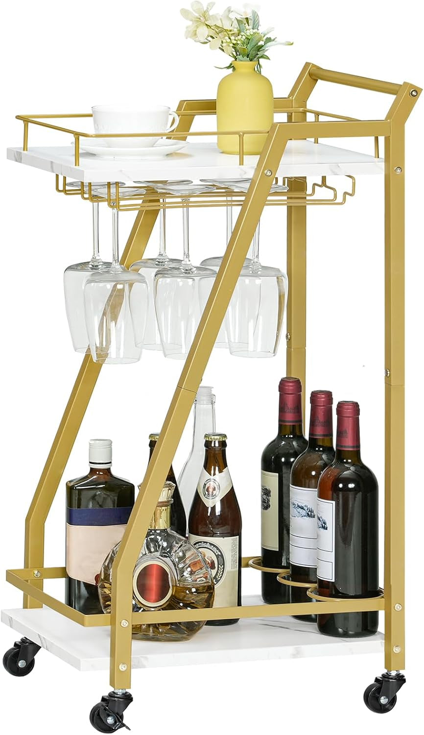 Bar Cart Gold, Home Bar Serving Cart, Kitchen Cart, Rolling Beverage Cart & Wine Rack and Glass Holder 2 Storage Shelves, Cocktail Cart for Home Dining Party, White and Gold DM27TC01