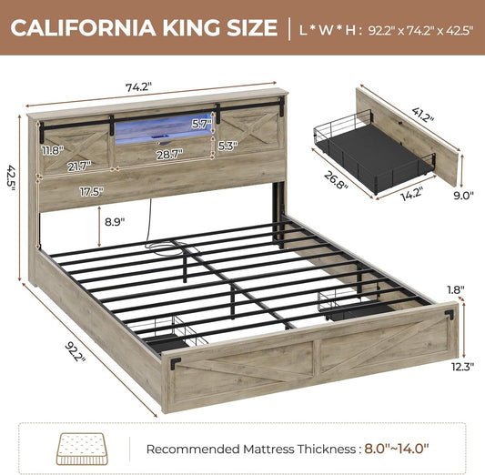 Farmhouse Bed Frame California King Size with Storage Bookcase Headboard, Wooden Cal King Bed with LED Lights, Charging Station, 2 Drawers, Country Rustic Bed Frame with Sliding Barn Door