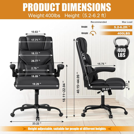 Executive Office Chair with Flip-Up Armrests,Ergonomic Computer Desk Chairs,Big and Tall Leather Office Chair 400Lbs,Lumbar Support Swivel PC Chair with Rocking Function