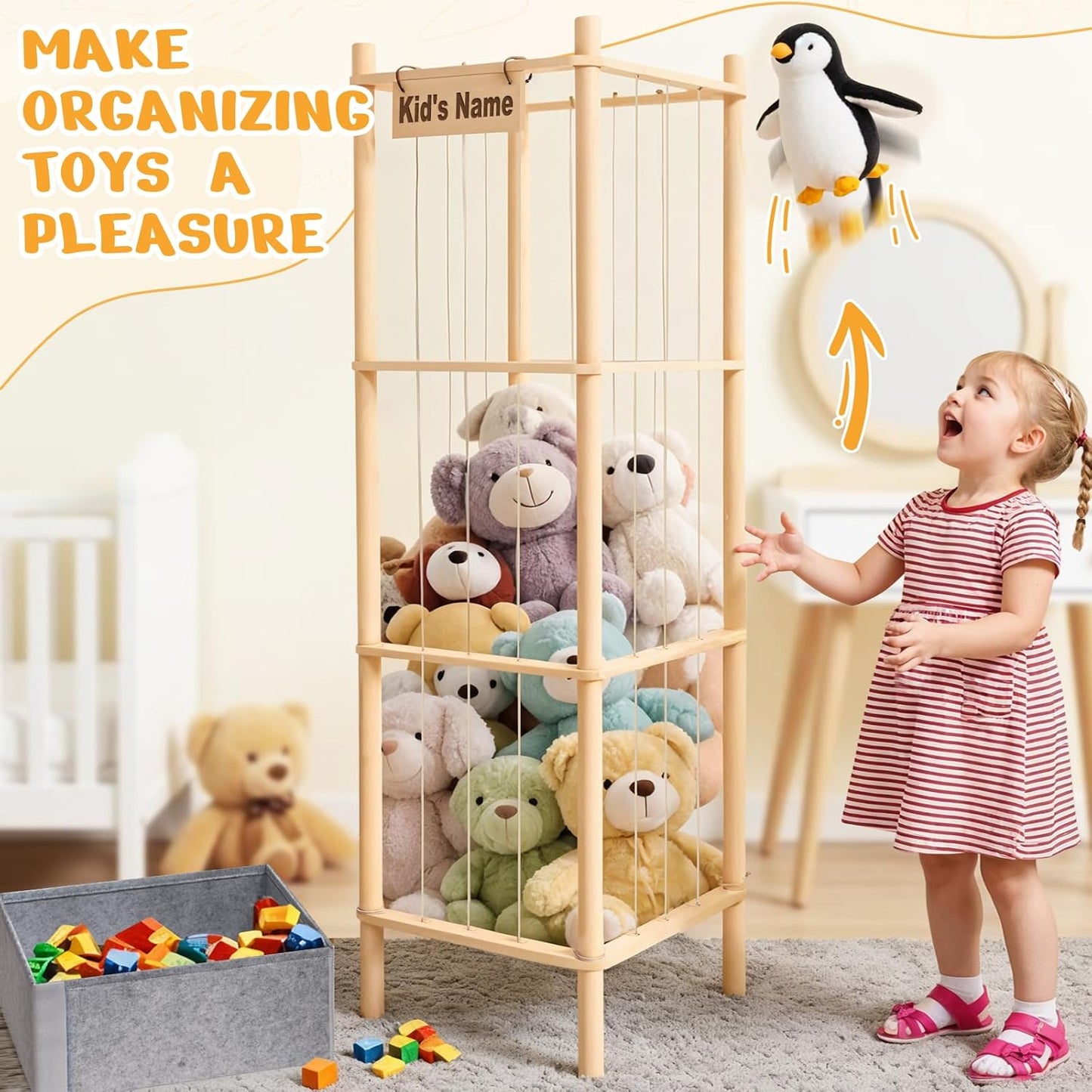 Stuffed Animal Storage with Tiny Toys Tray, 57In Large Wooden Stuffy Plushies Storage Holder Extra Large Capacity Stuffed Animals Zoo Organizer for Toddler Rooms, Playrooms & Bedrooms