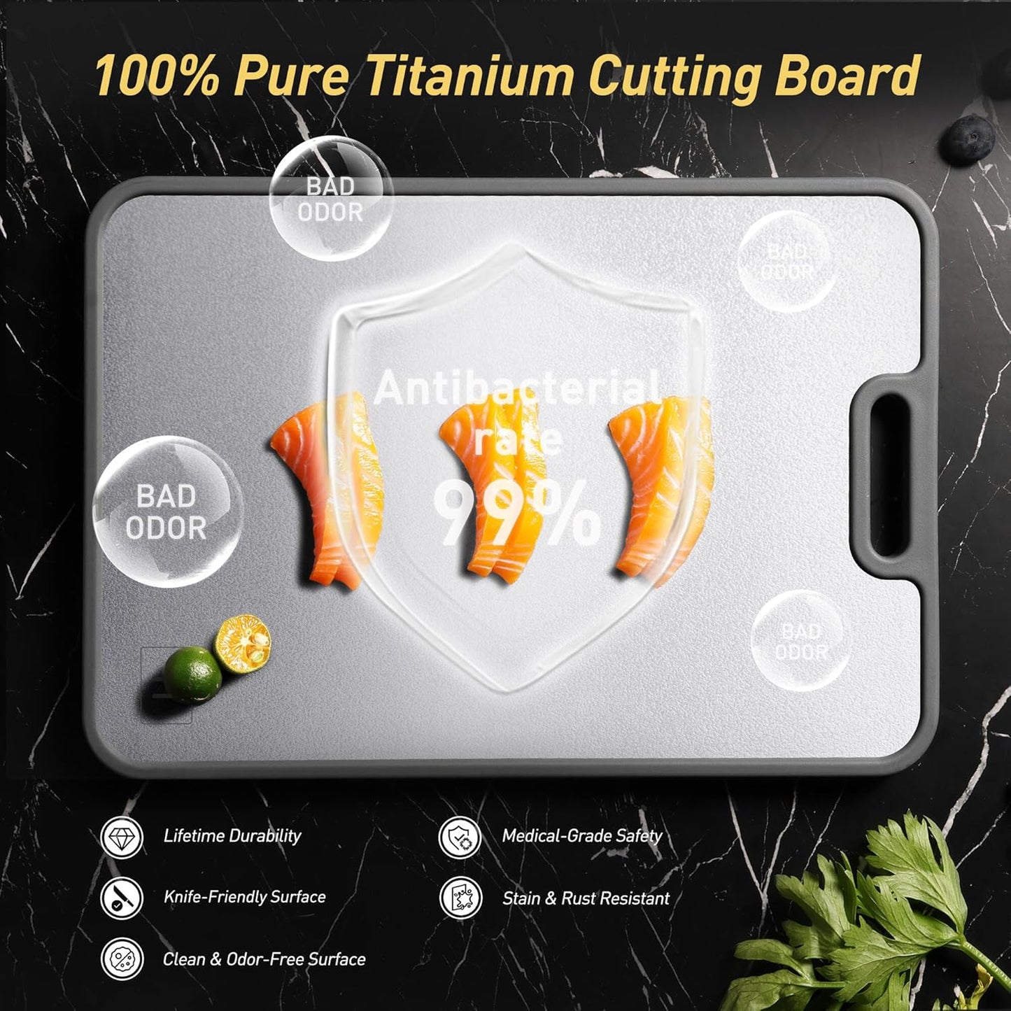 2 in 1 Pure Titanium Cutting Boards for Kitchen Non Toxic Chopping Board with Handle Large Big Small Kitchen Meat Butcher Block Not Stainless Steel Wood Bamboo Plastic Silicone Acrylic Teak Sink