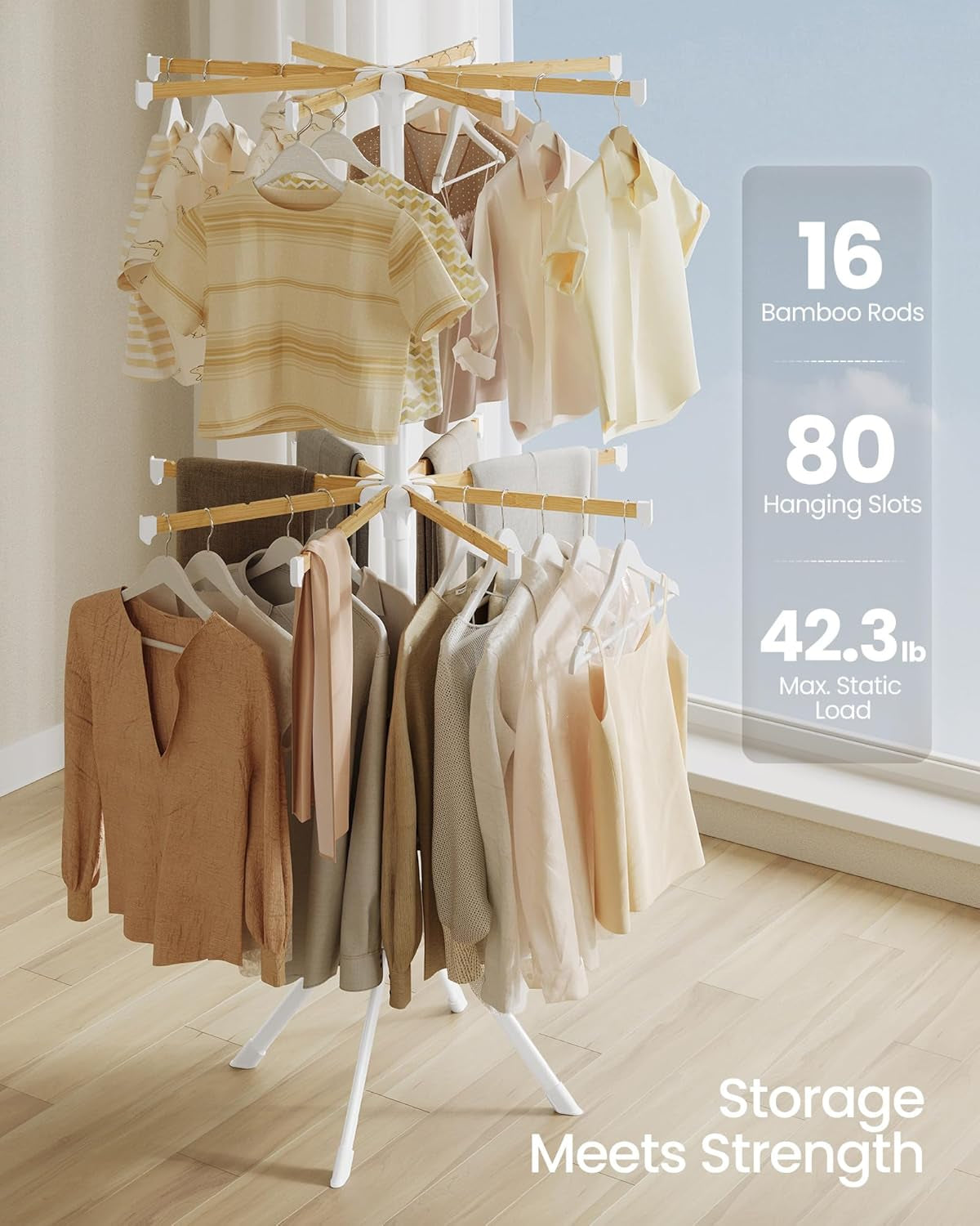 Clothes Drying Rack 2-Tier, with Bamboo Hanging Rods, Foldable Metal Laundry Rack, Space-Saving, Free-Standing Airer, Indoor Use, White and Natural ULLR517W01