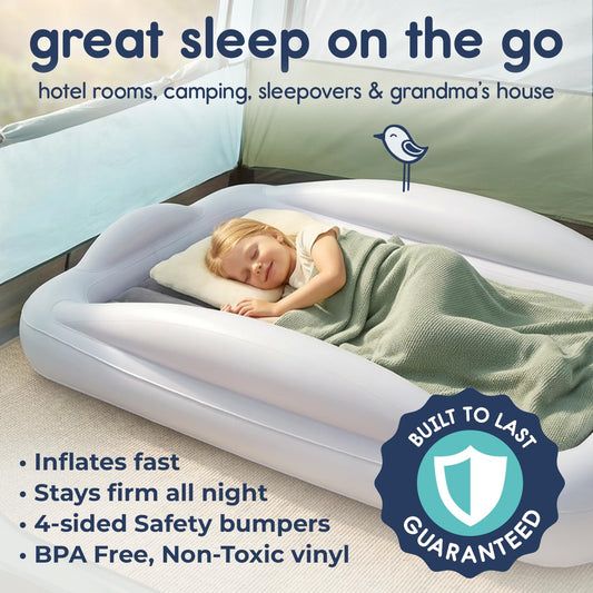Grey inflatable toddler travel bed with safety bumpers, view 2