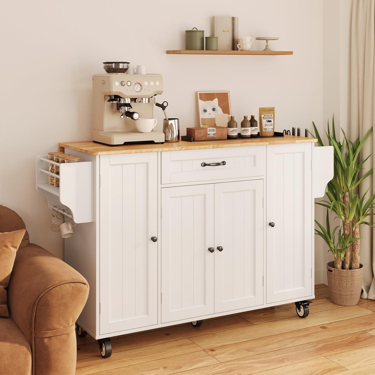 Kitchen Island with Storage, 47.6" Rolling Kitchen Island on Wheels with Drop Leaf, Door Cabinet, Drawer, Spice Rack, Towel Rack and Knife Holder, Kitchen Cart Island Table for Kitchen, White