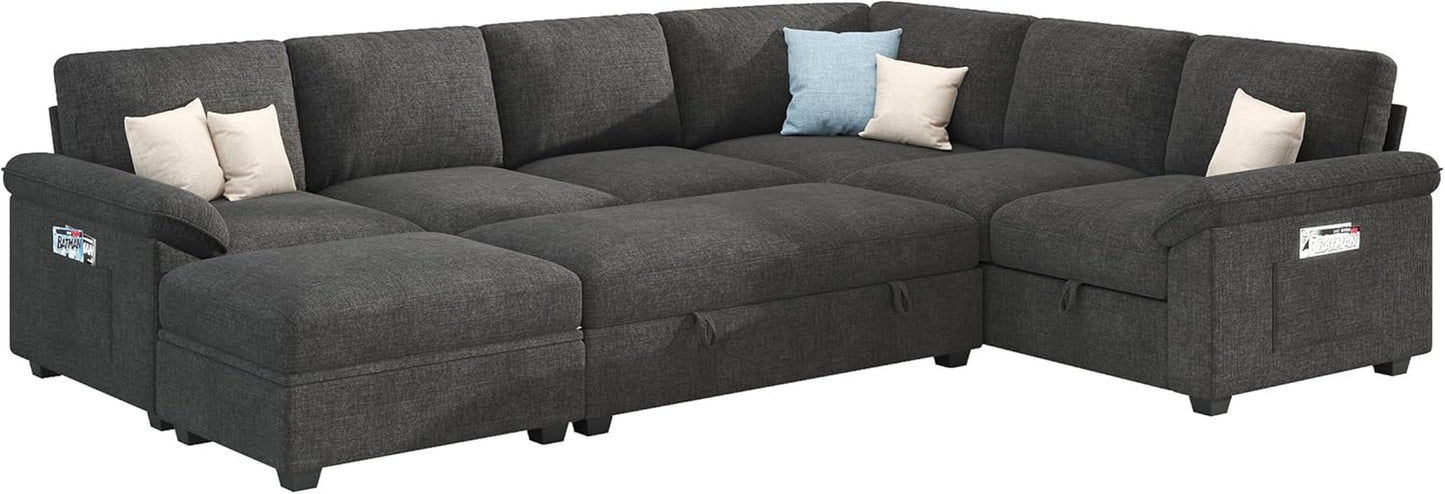105" Sofa Bed, Sectional Sleeper Sofa with Pull Out Bed/Reclining Backrest, Sleeper Couch Bed with Storage, 6 Seater Couch Bed for Living Room, Chenille Dark Gray