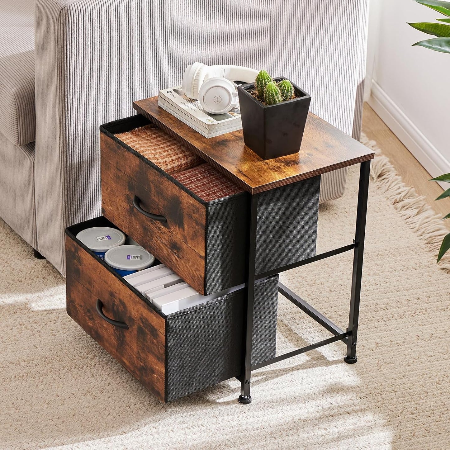 Nightstand Set of 2 with 2 Storage Drawers, 20" Height Small Bed Side Furniture End Table, Wooden Top Fabric Cabinet Kids Mini Dresser for Bedroom, Closet, Entryway, College Dorm