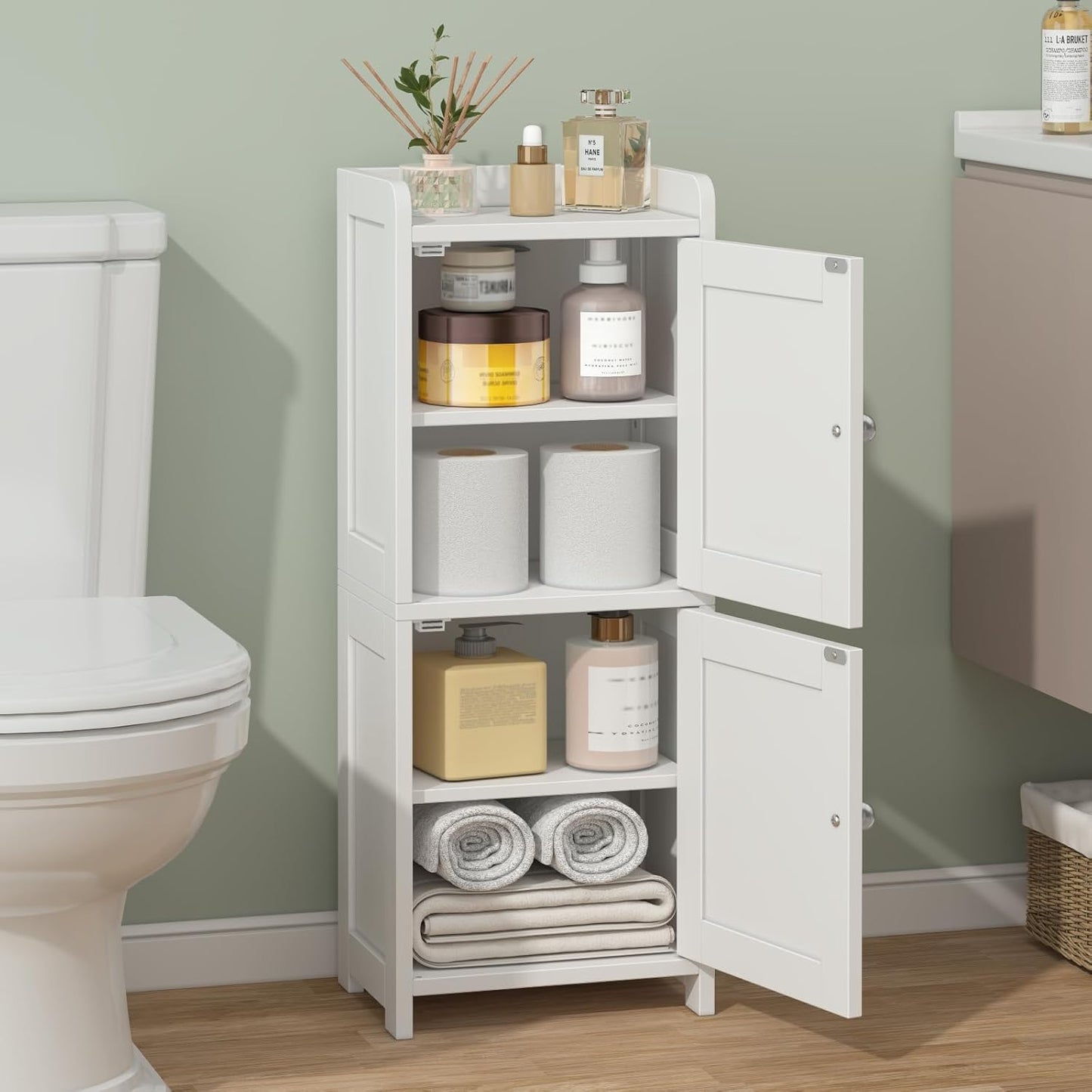 Small Bathroom Storage Cabinet, 30" Tall Freestanding Corner Floor Cabinet with opposite Doors & 5 Shelves (2 Adjustable), Narrow Toilet Paper Holder Organizer for Small Spaces, White