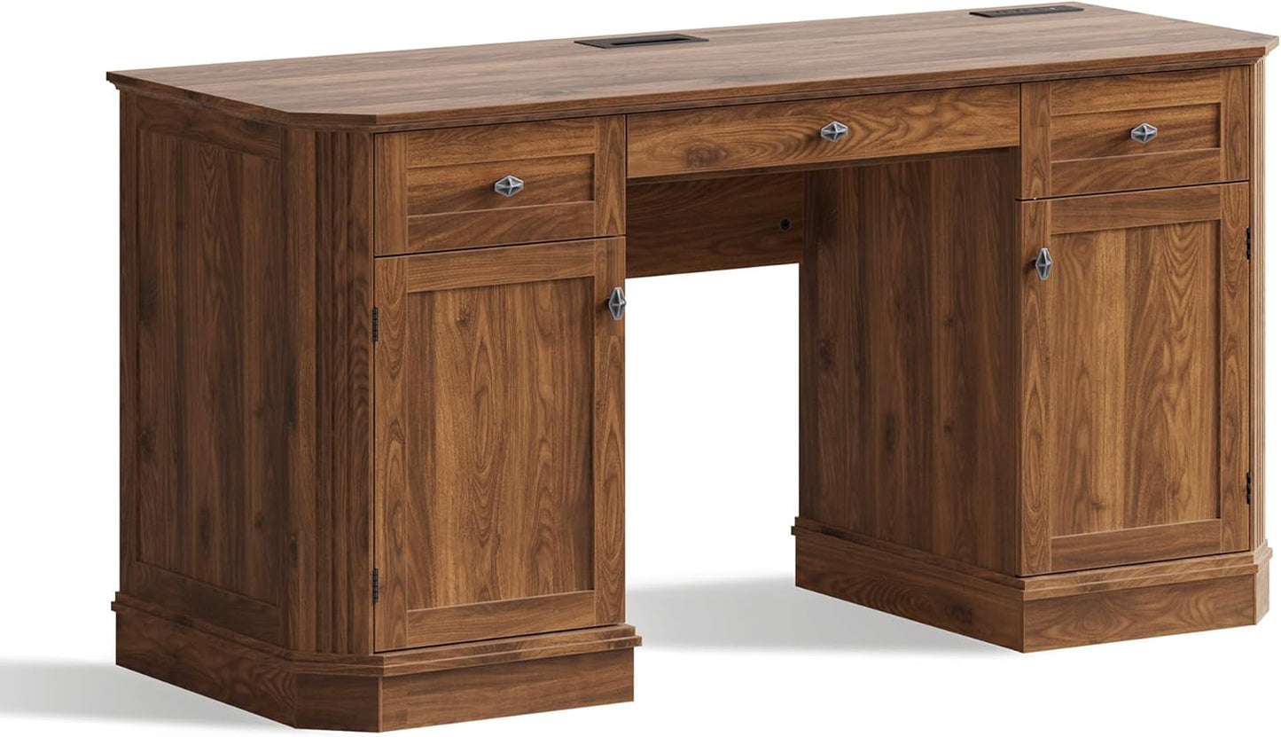 59" Classic Executive Desk with Storage, Victorian Executive Desk with Charging Station, Keyboard Tray, 3 Drawers & 2 Cabinet Storage & 2 Pedestals, Easy Assembly, Dark Walnut