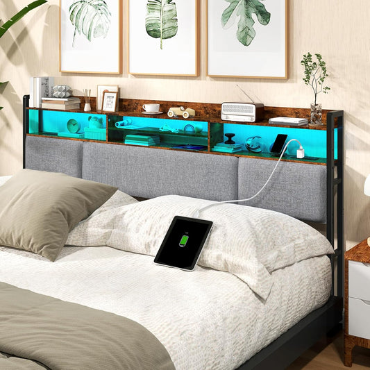 King Size Upholstered Headboard with 2 Outlets and LED Lights, King Bed Headboard with Charging Station & Storage Shelves, King Headboard Only, Height Adjustable, Easy Assembly, Brown
