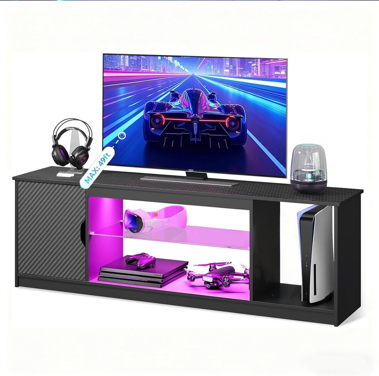 57" LED TV Stand for 55/60/65 Inch Tvs - Gaming Entertainment Center with RGB Lights, Adjustable Glass Shelves & Cabinet for Ps5/Xbox, Modern Black TV Console for Living Room