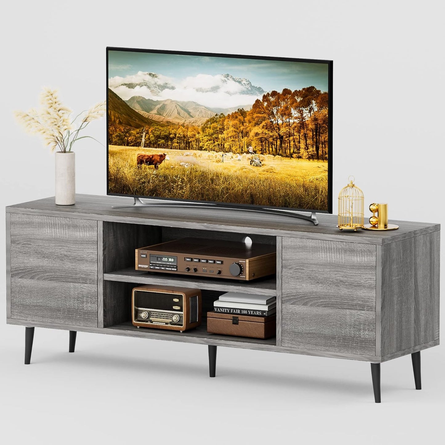 TV Stand for 65 Inch TV, Mid Century Modern TV Stand, Entertainment Center with Storage Cabinet and Open Shelves, TV Console Table Media Cabinet for Living Room, and Bedroom (Gray)