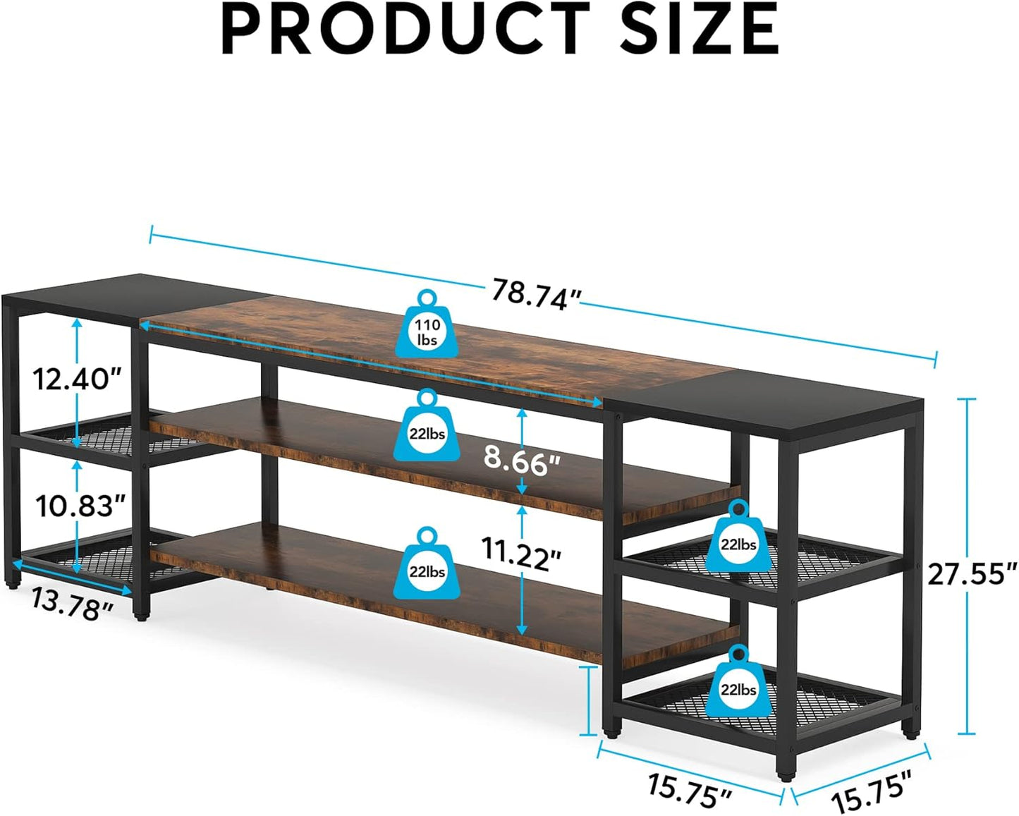 78 Inch TV Stand for Tvs up to 85 Inch, Media Entertainment Center Console Table, Industrial 3-Tier TV Console Table with Storage Shelves for Living Room, Entertainment Room