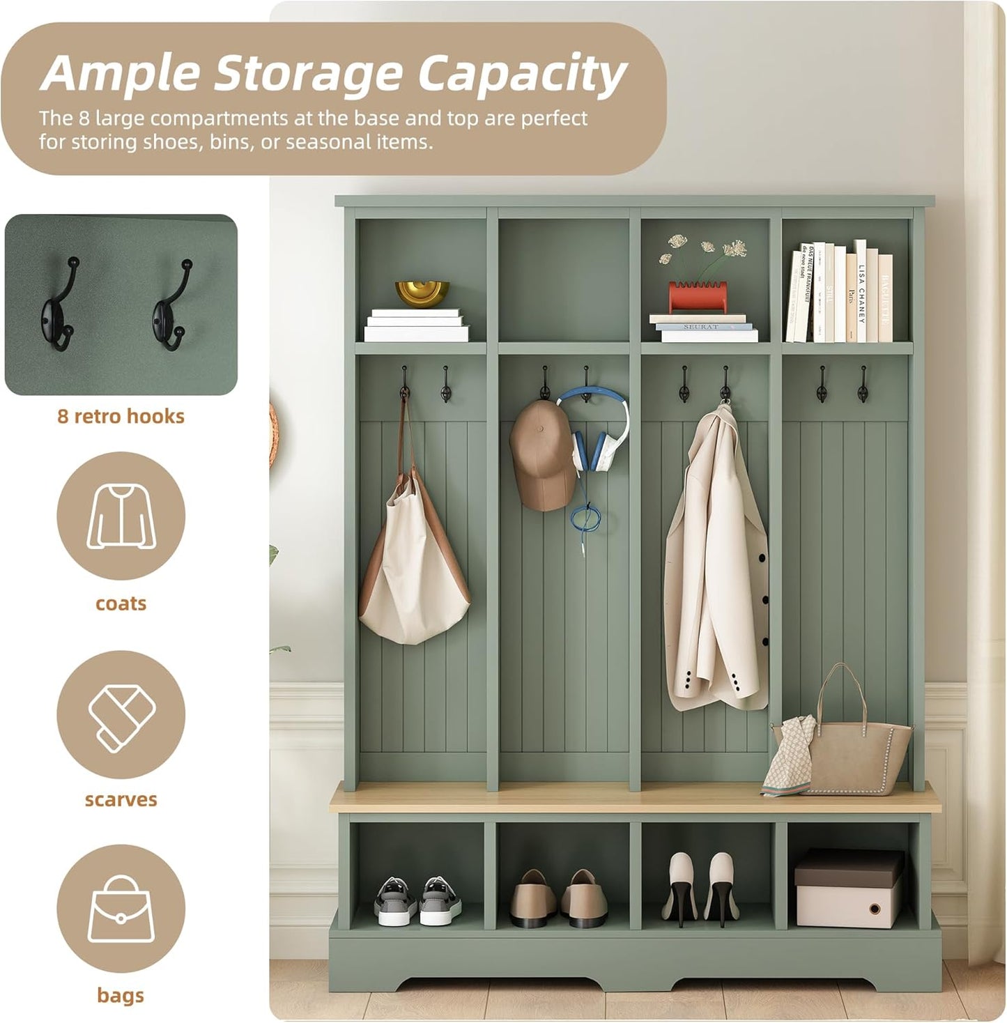 Farmhouse Hall Tree with 8 Hooks,Entryway Cabinet W/Bench,Multi-Functional Coat Rack W/4 Storage Unit and 4 Shoe Cabinet,Entryway Cabinets for Hallway,Living Room,Mudroom,Green