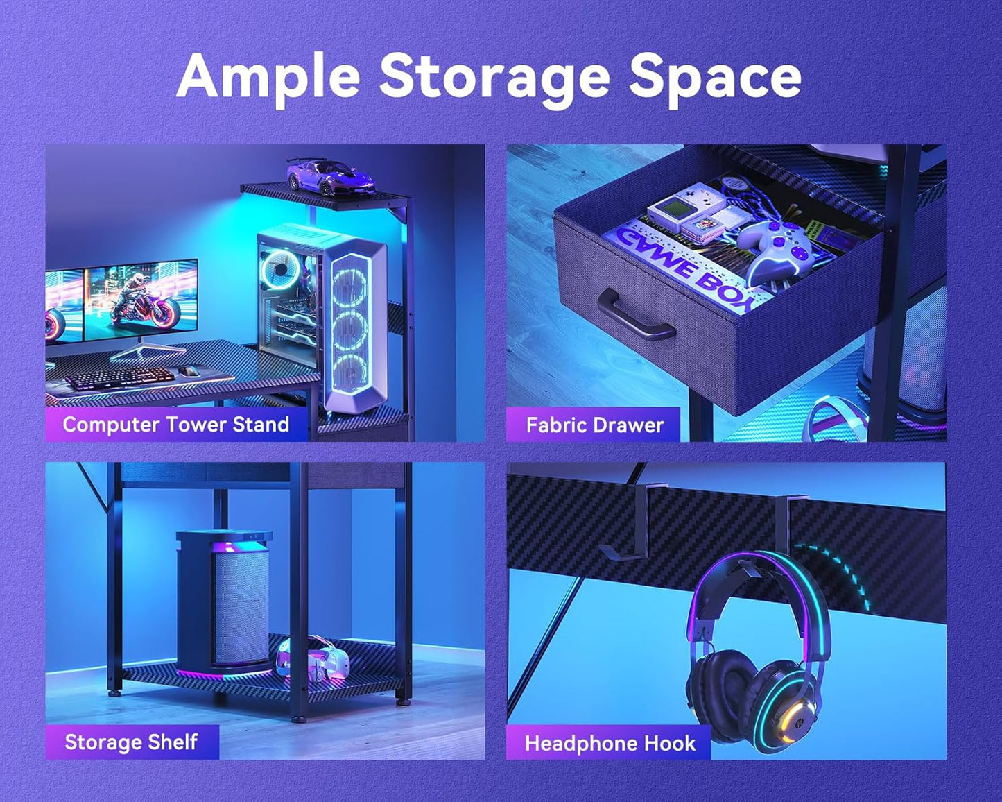 48 Inch Gaming Desk with Storage & LED Lights, Reversible Computer Desk with Display Shelves & Fabric Drawer, Modern Gamer Desk Table with Side Headphone Hook, Carbon Fiber Black