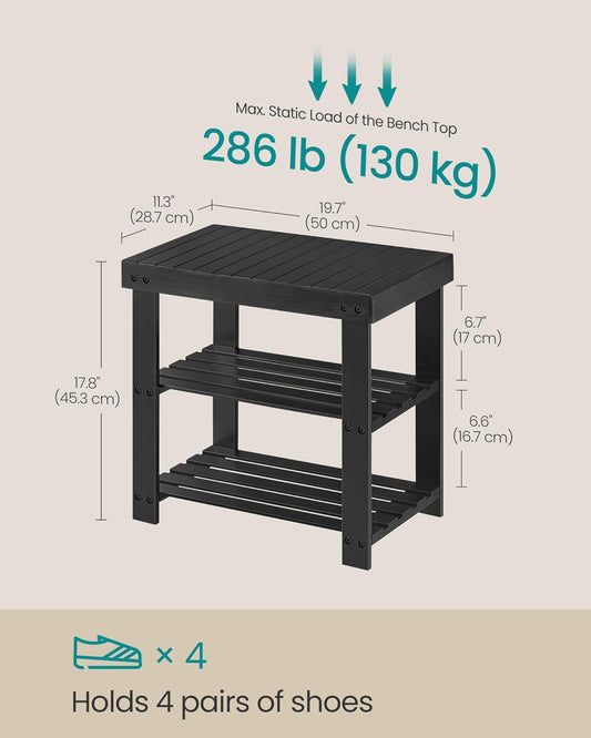 Shoe Rack Bench, 3-Tier Bamboo Shoe Storage Organizer, Entryway Bench, Holds up to 286 Lb, 11.3 X 19.7 X 17.8 Inches, for Entryway Bathroom Bedroom, Ink Black ULBS001B01