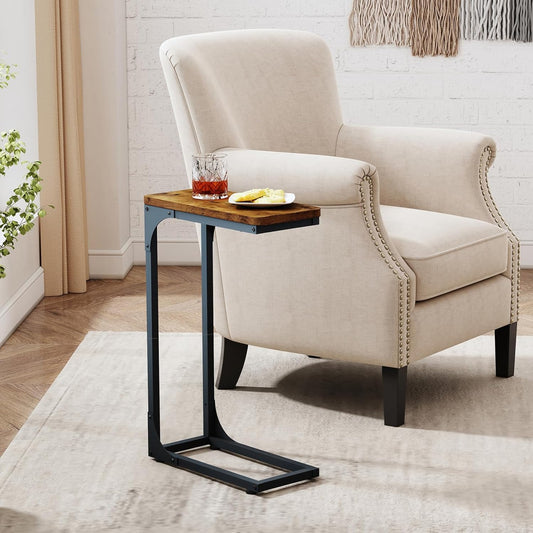 Narrow C Shaped Side Table Set of 2 Living Room Sets Slim Couch Tray Tables Skinny Thin Small Farmhouse 7 Inch Width, Rustic Brown (017-18BN)