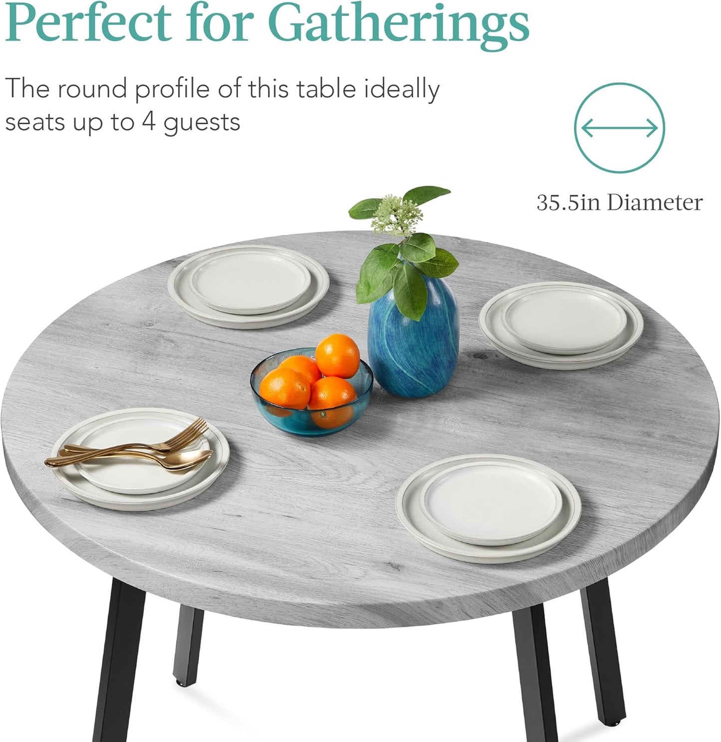 round Mid-Century Modern 35.5In Dining Table, Space-Saving Dinette for Home, Kitchen, Apartment W/Steel Legs - Gray