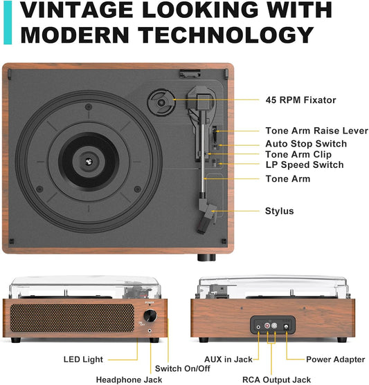 Vintage Record Players for Vinyl with Speakers Belt-Driven Retro Turntable LP Player Support 3-Speed, Bluetooth Playback, Aux-In, Headphone, RCA All-In-One Auto Stop Phonograph Wooden Brown