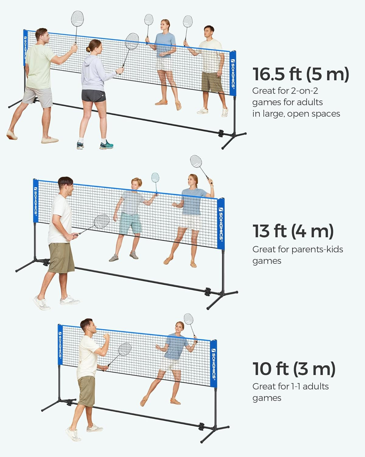 Badminton Net, Height Adjustable Volleyball Net, Pickleball Net for Junior Tennis, Kids, Indoor Outdoor Court, Foldable Nylon Net with Poles 10Ft/13Ft/16.5Ft Wide