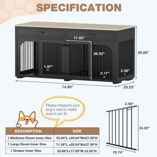 74.8'' Dog Crate Furniture, Wooden Dog Crate with 2 Drawers and Removable Divider, Heavy Duty Dog Kennel Indoor TV Stand for Small Large Medium Dogs, Black