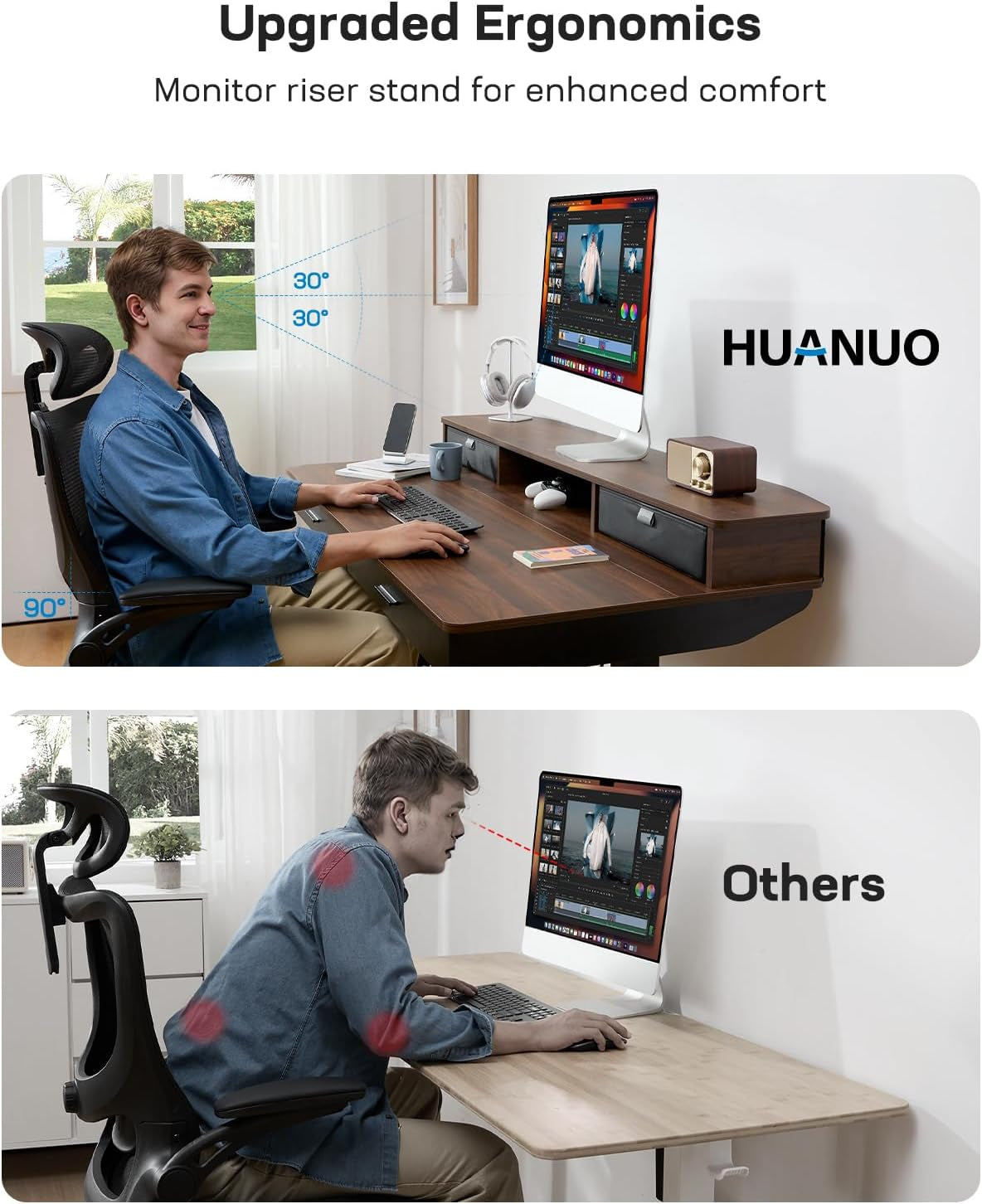 55 X 30 Inch Electric Standing Desk with Wood Drawers, Adjustable Height Sit Stand Home Office Desk with Two Tiers, Ergonomic Adjustable Stand up Desk C-Clamp Monitor Mount Compatible, Walnut