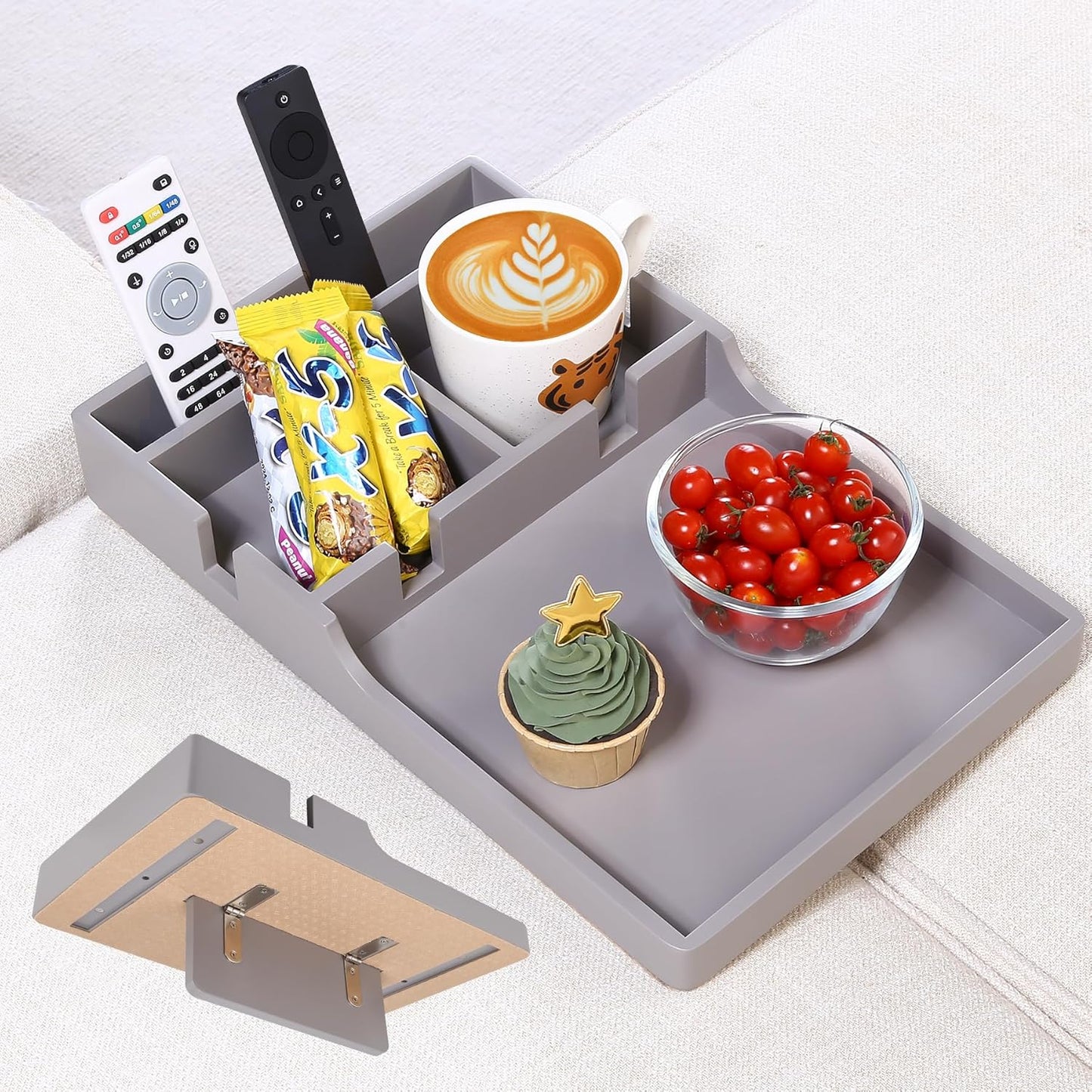 Couch Tray Insert for Middle,Bamboo 15.3โณX9.8โณ Sofa 2 Cups Holder Table between Couch Cushions,Fit Armless Couch/Sectional, 2-In-1 Fold-Flat Tray for Drink Snack Remote Holder