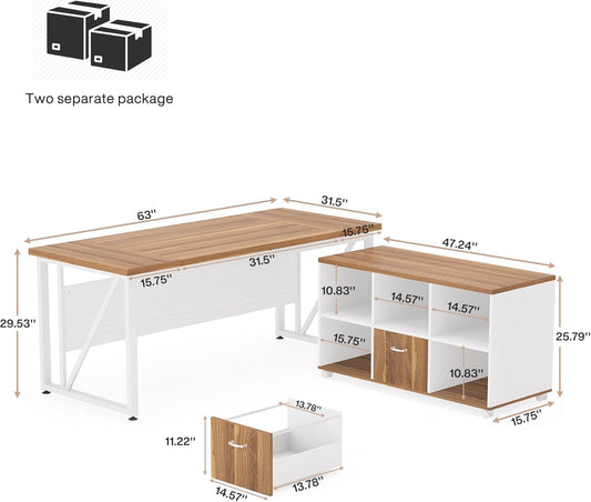 63-Inch Executive Computer Desk with 47-Inch Lateral File Cabinet, Large Workstation Business Furniture, L Shaped Desk with Drawers and Storage Shelves for Home Office, Walnut & White