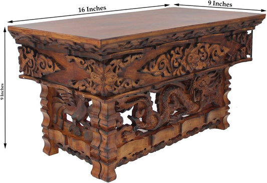 Solid Indian Elm Wood Hand Carved Shrine Altar Meditation Table (Small, Dark)