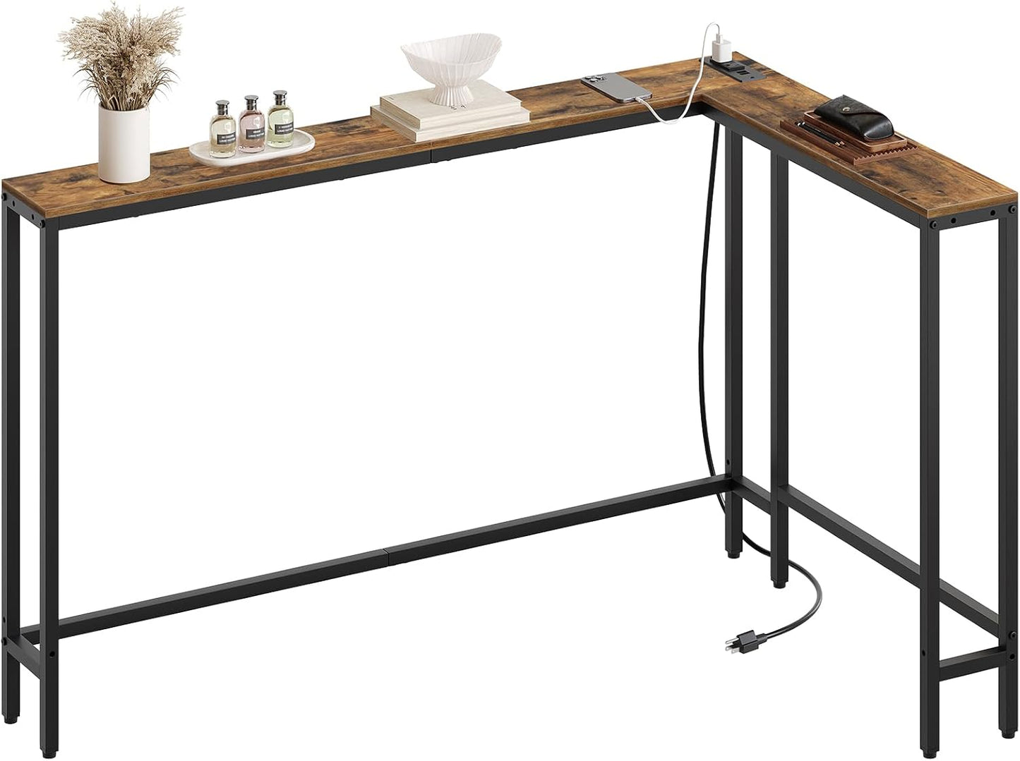 Rustic brown L shaped narrow console table with outlets, view 9