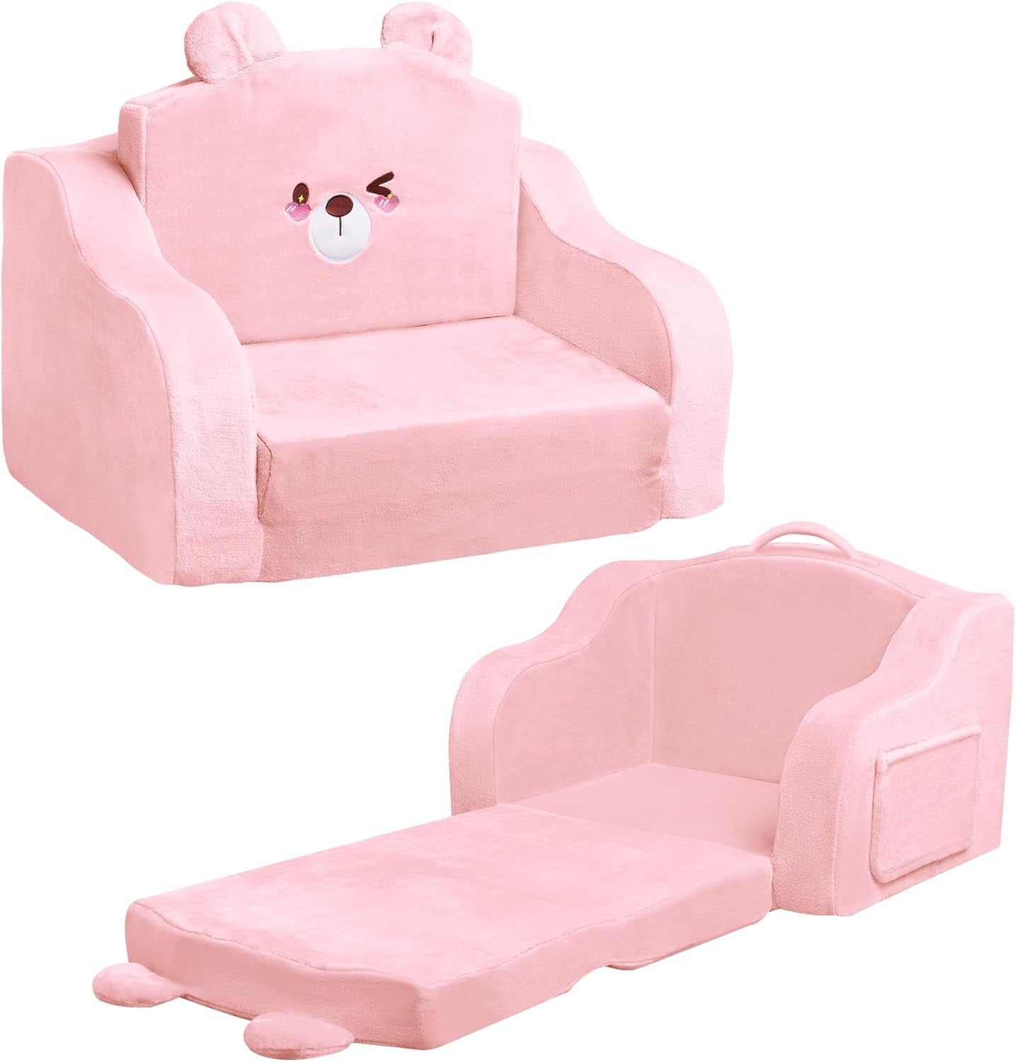 Kids Couch,Toddler Chairs Comfy 1-3 Years Old, 2-In-1 Soft Toddler Couches Fold Out,Convertible Sofa to Lounger for Girls and Boys,Cuddly Kids Floor Furniture for Playroom,Pink Bear