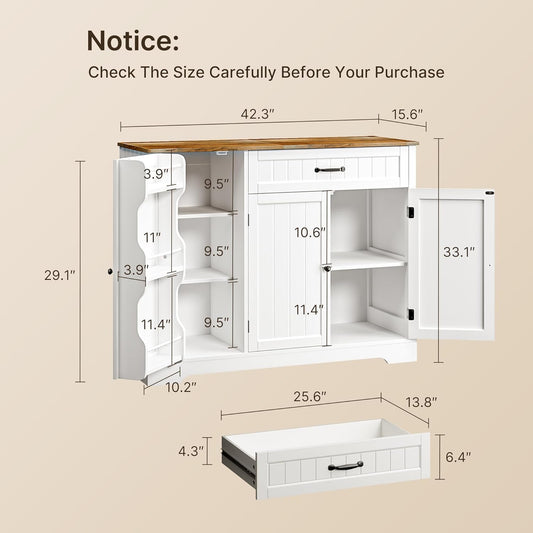 Kitchen Coffee Bar Cabinet with Storage Kitchen Sideboard Buffet Cabinet with Drawers, Short Pantry with Door and Shelves for Bathroom and Living Room, White and Rustic