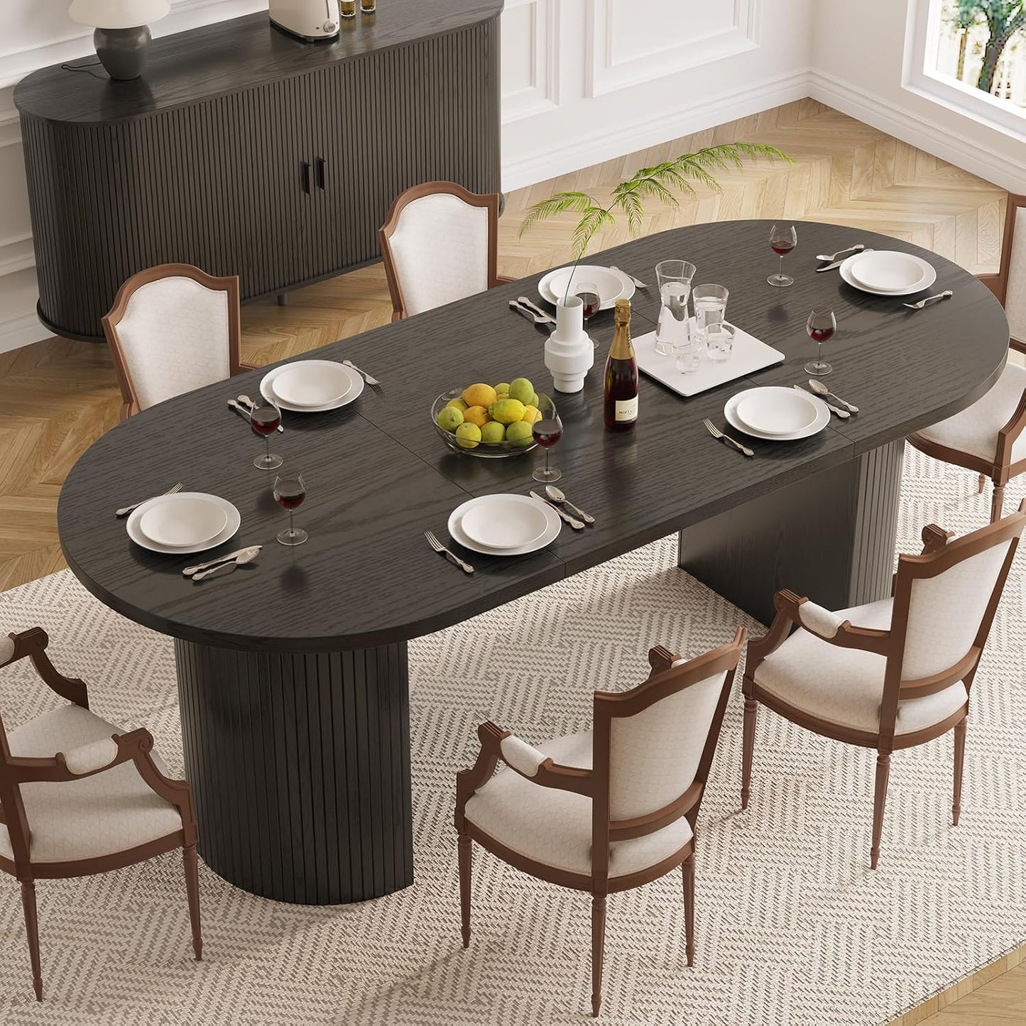 70.8 Inch Dining Table for 4-8, Oval Dining Room Table with Curved Fluted Wood Strip Base, Mid-Century Modern Kitchen Tables with Footpads, Dinner Tables for Living Room, Dining Room, Black